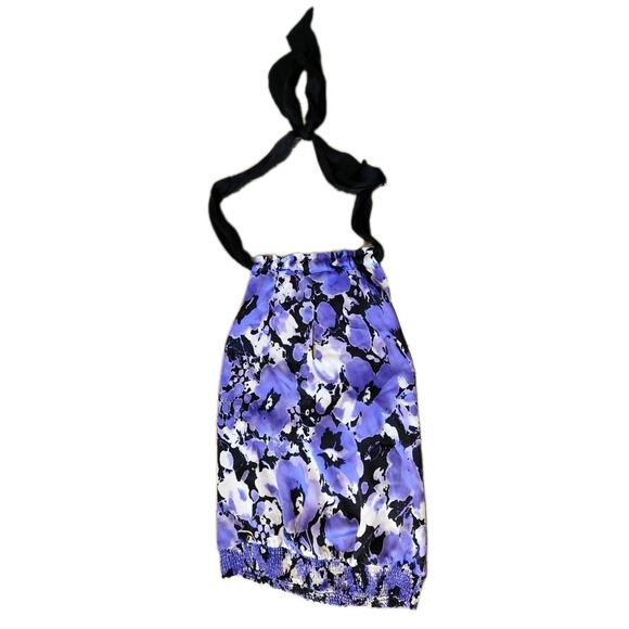 Bebe SILK Purple Floral Halter V Neck Tie Top XS Backless Vacation - Picture 3 of 5